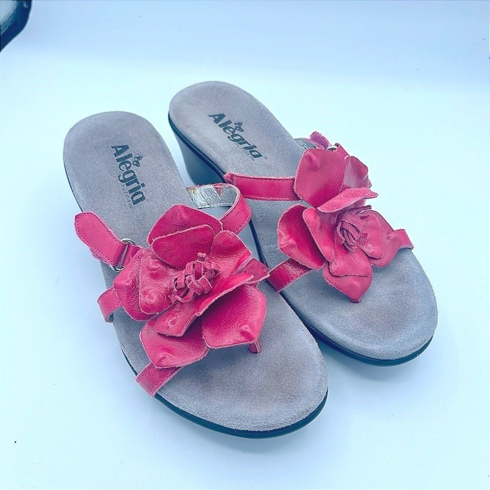 Vtg Y2K Alegria Sandals Women Sz 38 Pink Leather Flower Wedge Summer Comfort GUC